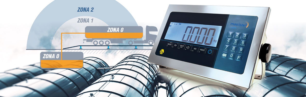 Indicador de peso industrial con certificación para zonas ATEX, diseñado para entornos de trabajo en plantas de hormigón y áreas de seguridad específicas